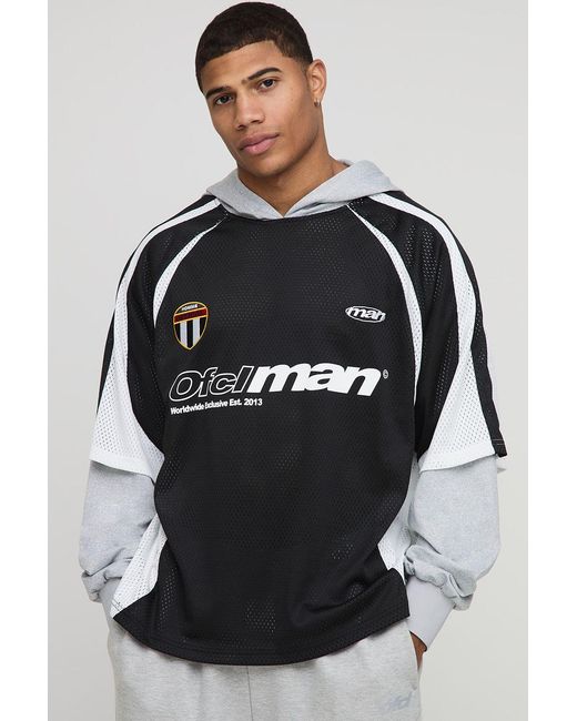 BoohooMAN Black Oversized Mesh Ofclman Faux Sleeve Sports Top Hoodie for men
