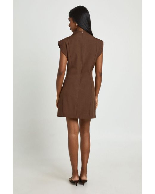 Boohoo Brown Tailored Sleeveless Asymmetric Button Down Mini Dress