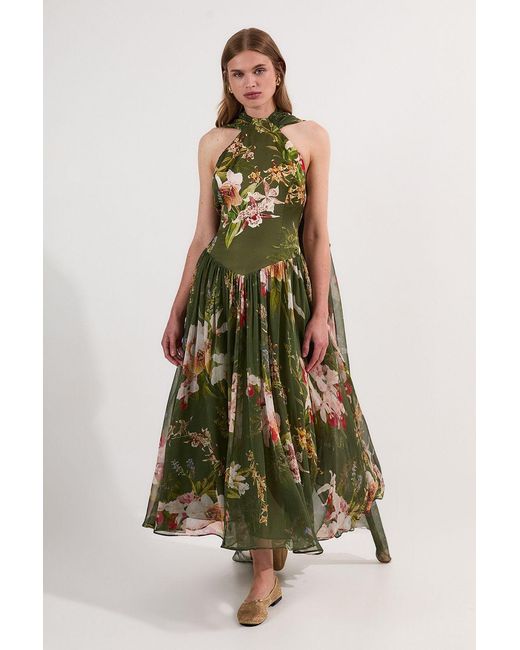 Karen Millen Green Garden Floral Viscose Georgette Satin Mix Slip Maxi Dress