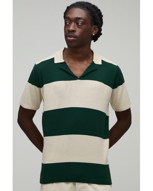 BoohooMAN Green Regular Fit Revere Striped Knitted Polo for men