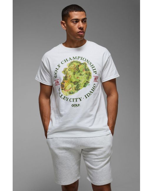 BoohooMAN Gray White Oversized Golf Championship License Printed T-shirt for men
