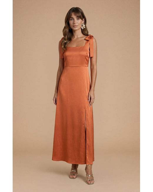 Oasis Brown Satin Tie Shoulder Midi Bridesmaid Dress