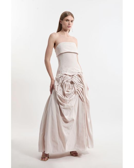 Karen Millen Multicolor Taffeta Bandeau Tailored Rosette Pleat Maxi Dress