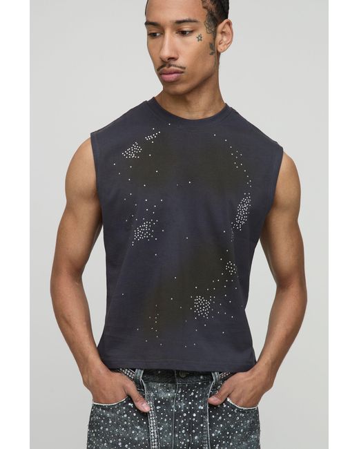 BoohooMAN Gray Boxy Fit Washed Rhinestone Tank for men