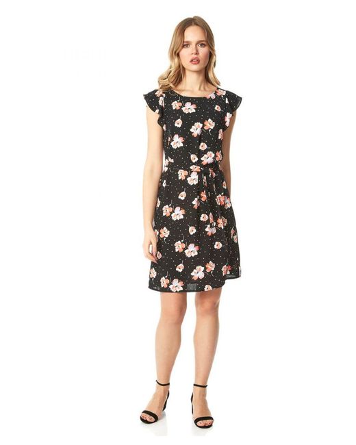 Roman Black Floral Spot Frill Sleeve Shift Dress