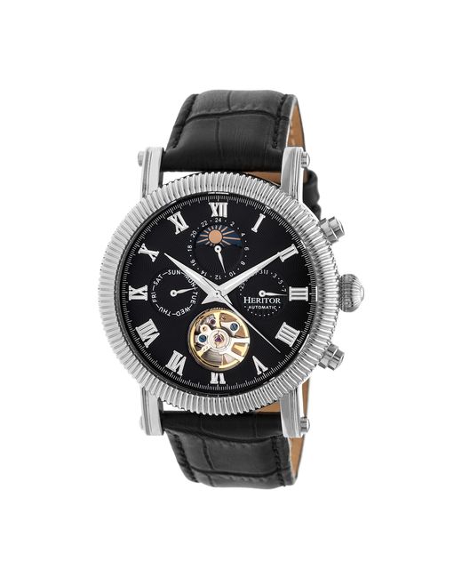 Heritor Black Winston Semi-Skeleton Leather-Band Watch for men