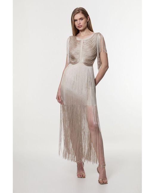 Karen Millen Natural Petite Maxi Draped Fringe Knitted Mini Dress