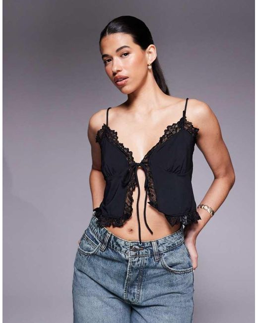 ASOS Gray Slinky Lace Trim Tie Front Top