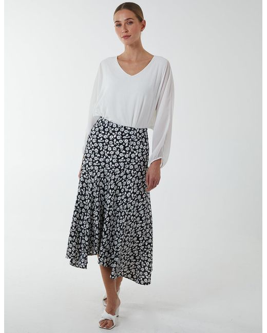 Blue Vanilla Gray Floral Print Asymmetric Midi Skirt
