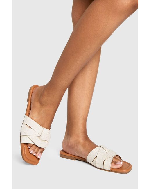 Boohoo White Linen Woven Basic Mule Sandals