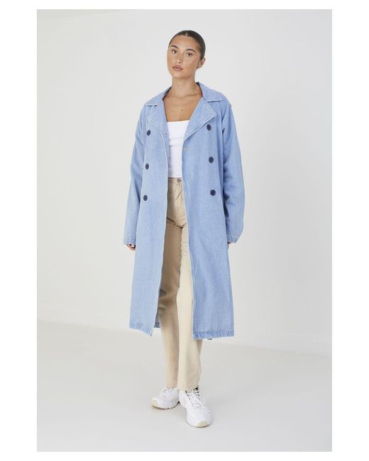 Brave Soul Blue Denim Double-Breasted Longline Trench Coat With Raglan Sleeves
