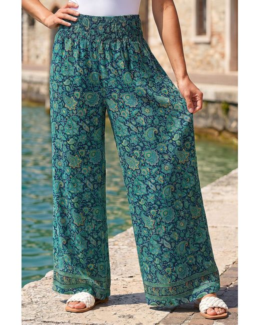 Roman Blue Floral Print Tiered Palazzo Trousers