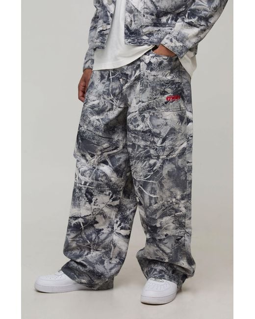 BoohooMAN Gray Relaxed Fit Forest Camo Elasticated Cargo Trousers for men