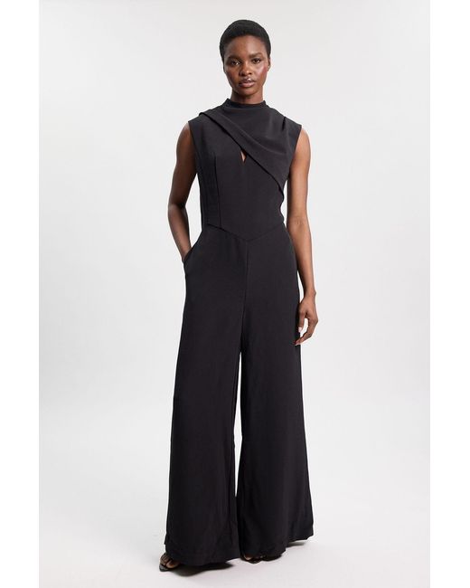 Karen Millen Blue Tailored Crepe Cape Asymmetric Neck Detail Jumpsuit