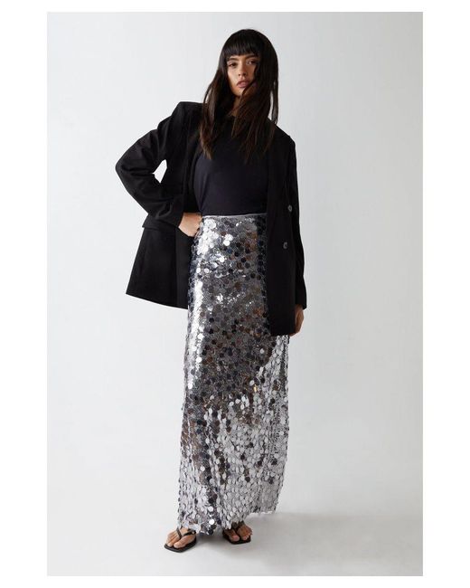Warehouse Metallic Premium Disc Sequin Maxi Skirt