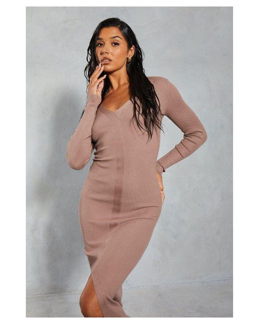 MissPap Gray Knitted Ribbed Plunge Front Maxi Dress