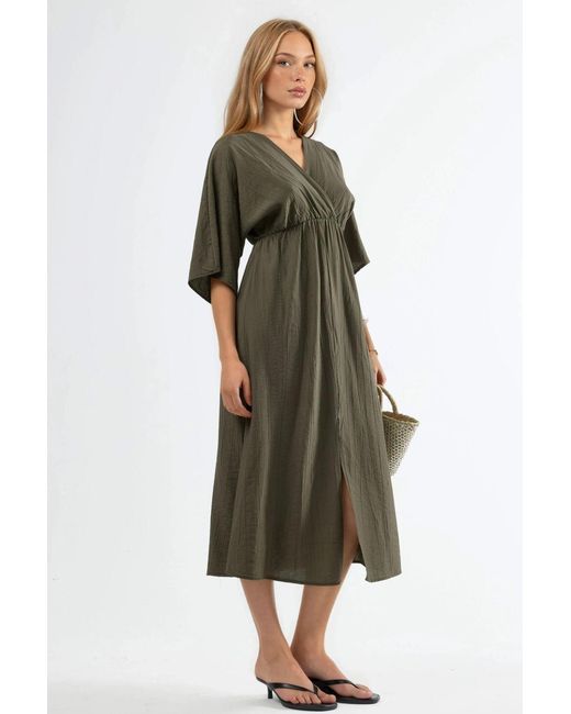 Busem Green V-Neck Midi Wrap Dress With Three Quarter Sleeves