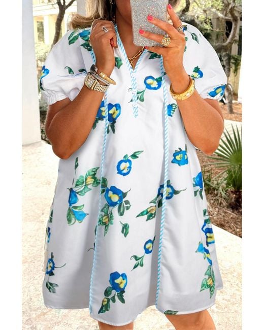 Azura Exchange Bloemenprint Puff Sleeve Jurk in het Blue