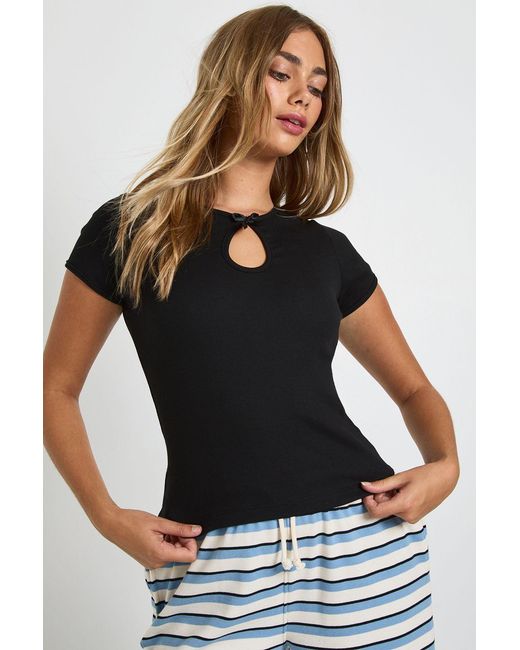Boohoo Black Ribbed Bow Detail Cap Sleeve Top