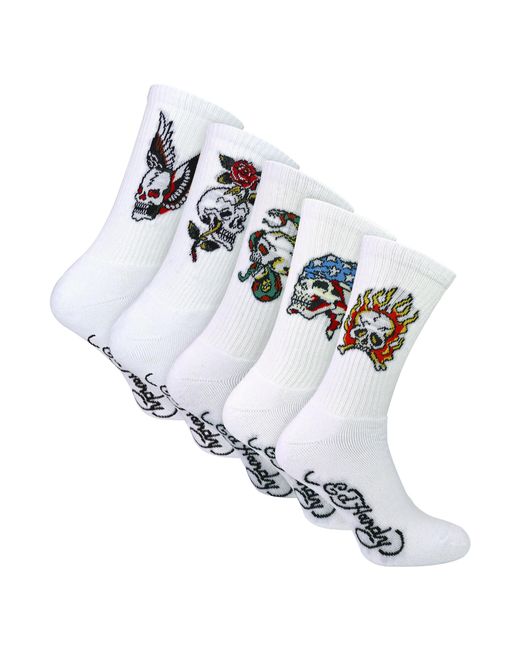 Ed Hardy White 5 Pack Crew Socks Skull Pattern Soft Breathable Casual for men