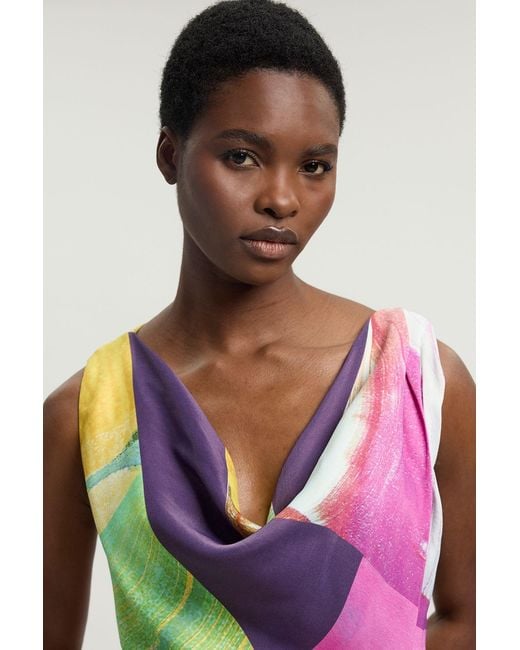 Karen Millen White Abstract Twist Shoulder Satin Viscose Midi Dress