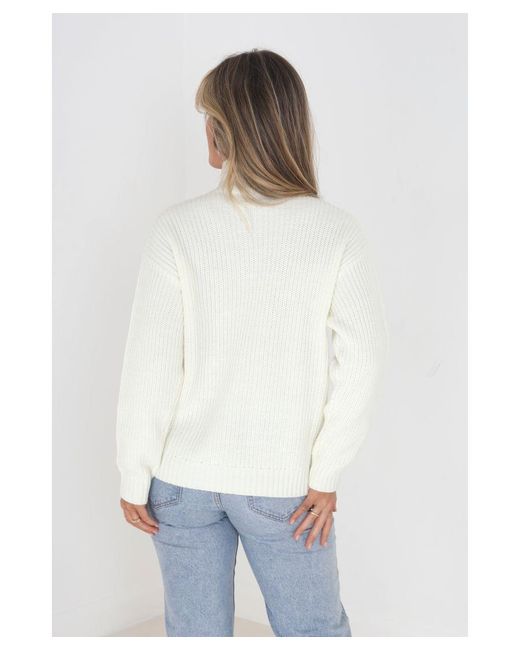 Brave Soul White 'Tabby' Funnel Neck Cable Knit Jumper