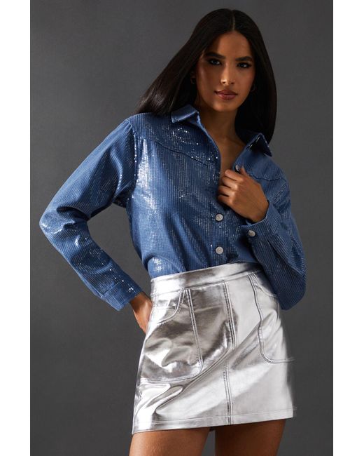 Warehouse Blue Denim Sequin Oversized Shirt