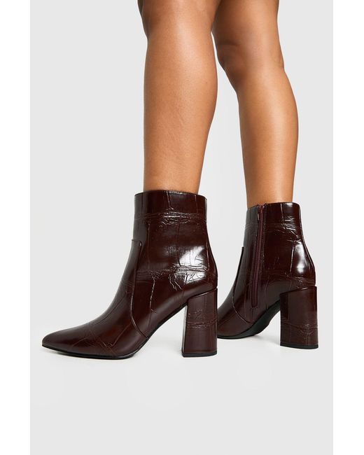 Boohoo Brown Croc Block Heel Pointed Ankle Boots