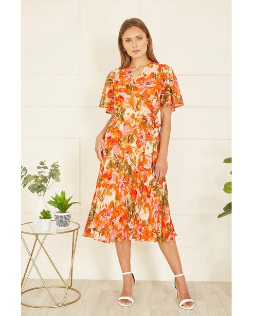 Yumi' Orange Floral Midi Wrap Pleated Dress