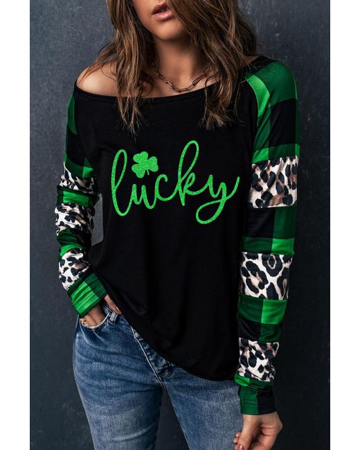 Azura Exchange Green Grünes Glücksklee-Glitzer-Muster Leopard-Karo-Spitzenoberteil