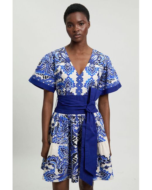 Karen Millen Blue Tile Print Cotton Poplin Mini Dress