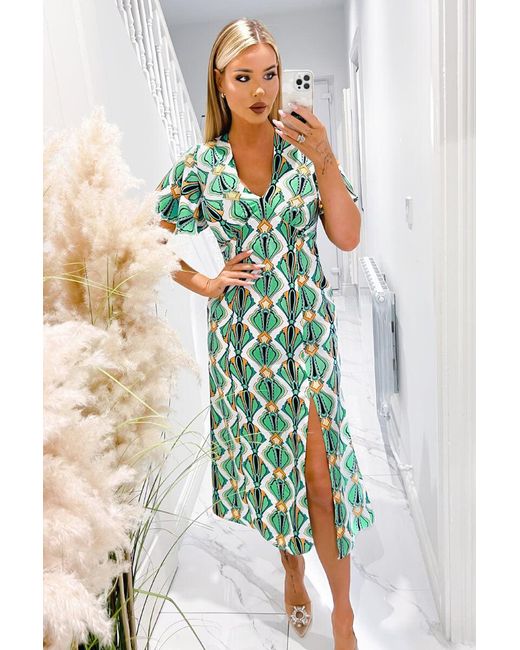 AX Paris Multicolor Multi Print V Neck Tie Detail Short Sleeve Midi Dress