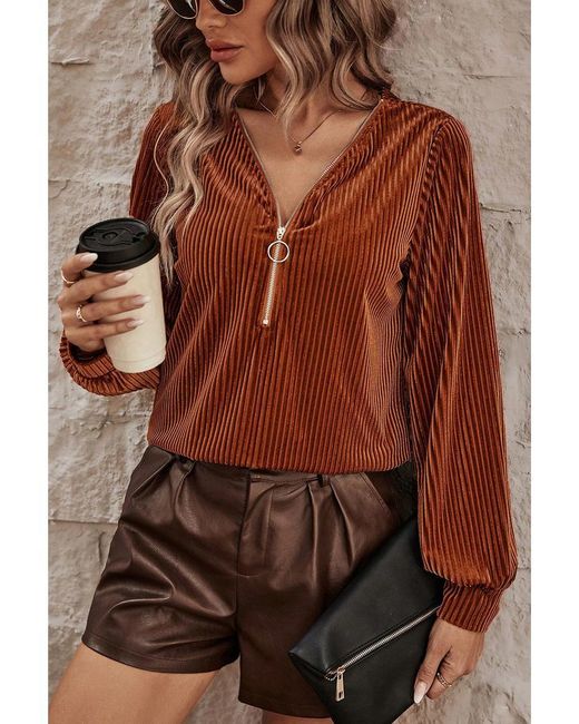 Azura Exchange Brown Half Zip V Neck Ribbed Velvet Top