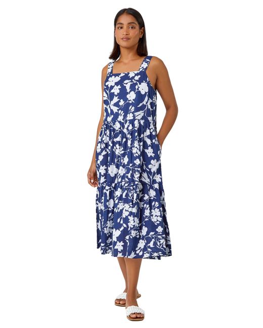 Roman Blue Sleeveless Cotton Floral Midi Dress