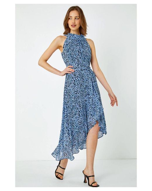 Roman Blue Animal Print Halter Neck Midi Dress