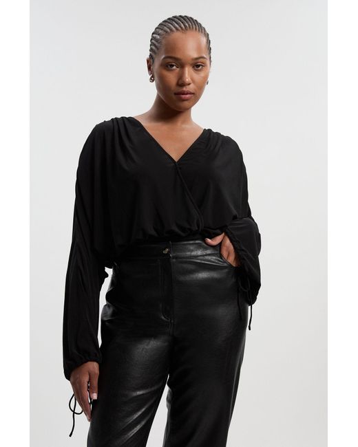Karen Millen Black Plus Size Stretch Drapey Crepe Ruched Plunge Neck Batwing Sleeve Bodysuit