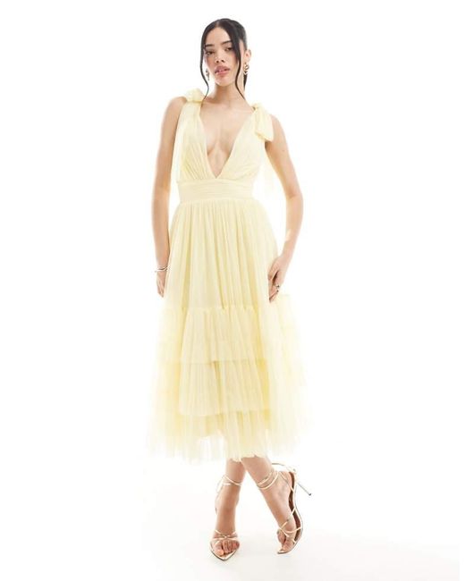 LACE & BEADS Metallic Bridesmaid Bow Shoulder Midaxi Dress