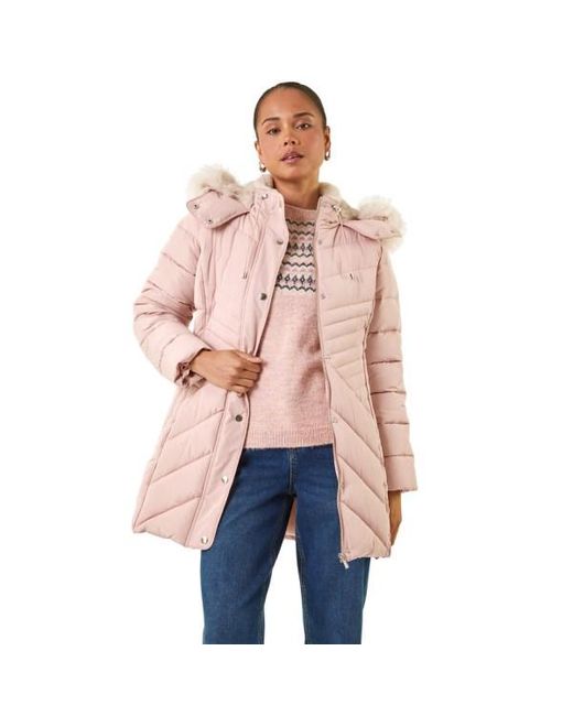 Roman Pink Petite Hooded Longline Quilted Coat