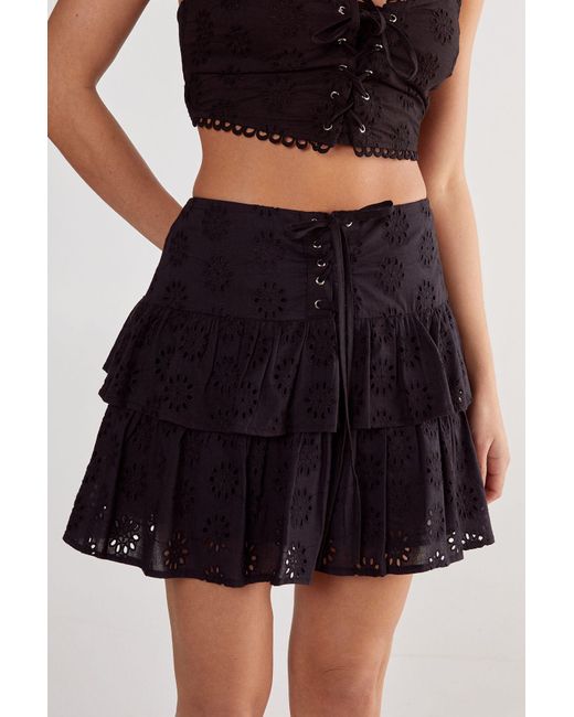 Nasty Gal Black Broderie Lace Up Tiered Mini Skirt