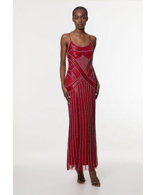Karen Millen Crystal Beaded Strappy Woven Maxi Dress in Red | Lyst UK