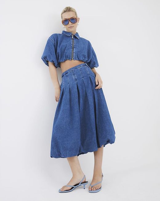 River Island Blue Midi Skirt Denim Bubble Hem Cotton