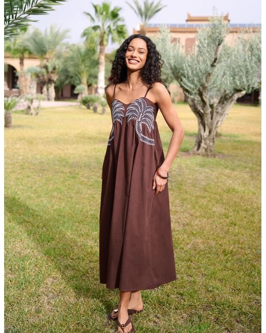 Blue Vanilla Green Palm Tree Embroidery Smock Dress