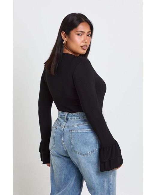 Boohoo Blue Plus Ruffle Cuff Long Sleeve Bodysuit