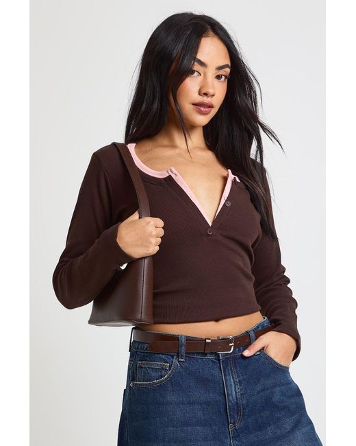 Boohoo Brown Ribbed Contrast Henley Button Long Sleeve Top