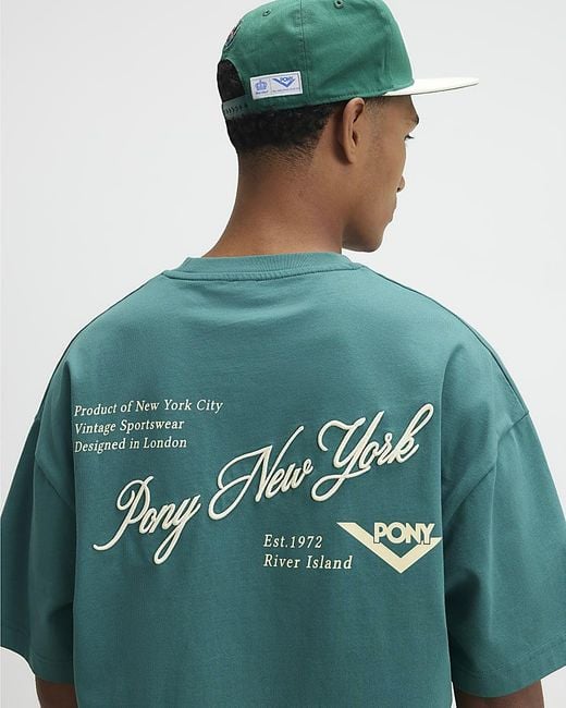 River Island Green T-Shirt Oversized Script Embroidered Graphic Cotton for men