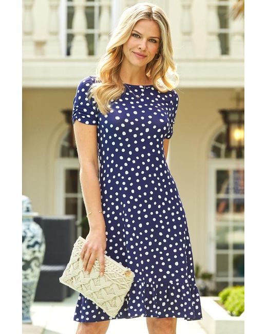 Sosandar Blue Spot Print Ruched Sleeve Jersey Shift Dress