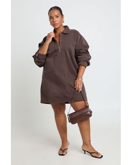 Boohoo Brown Plus Denim Zip Up Shift Dress