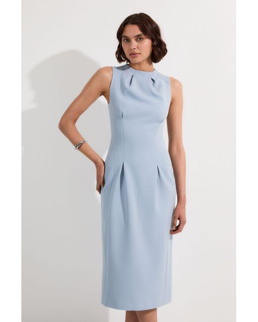 Karen Millen Blue Tall Structured Crepe Sleeveless Tailored Pencil Midi Dress