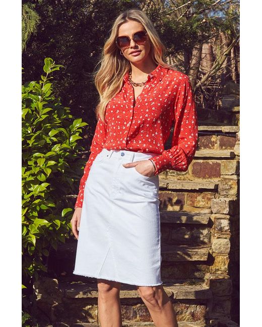 Sosandar Red Raw Hem Denim Skirt With Button Detail
