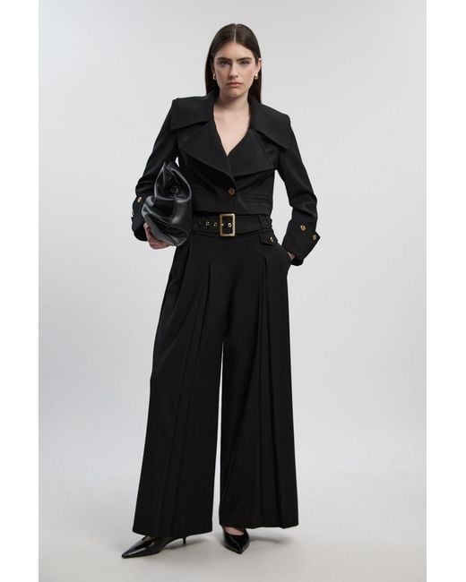 Karen Millen Black Polished Tailored Pleated Wide Leg Belted Trouser